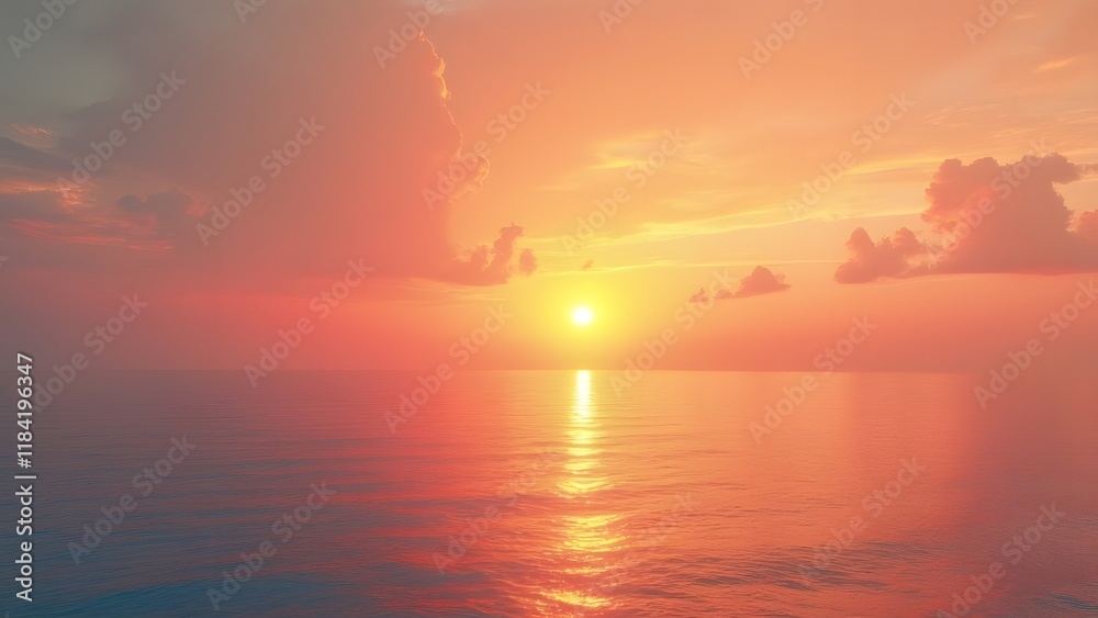 Fototapeta premium Stunning Minimalist Sunset over Calm Ocean, Golden Hues and Warm Colors, Peaceful Seascape