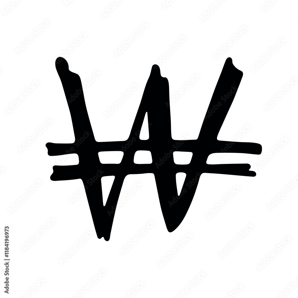 Obraz premium Hand drawn won currency symbol. Brush stroke doodle. Single element for design