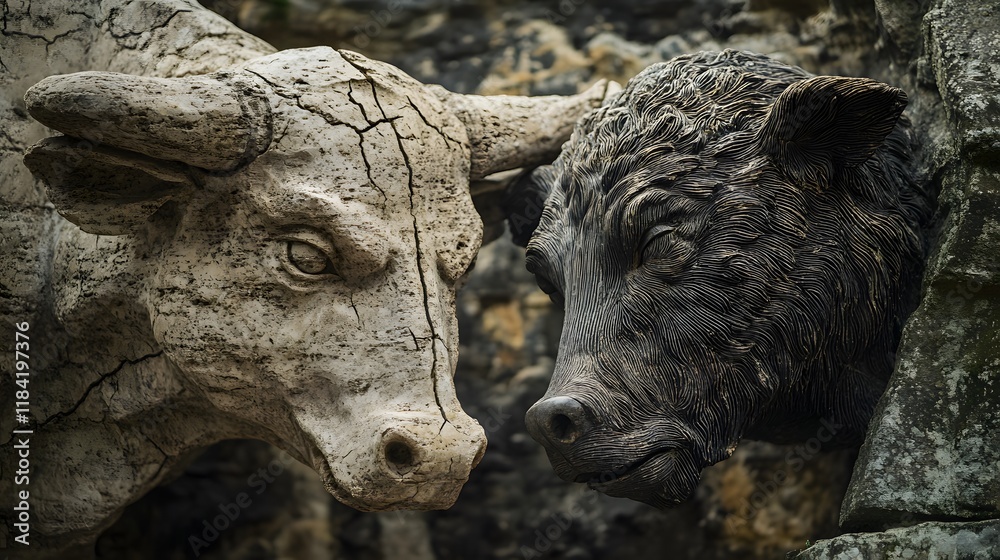 Fototapeta premium Crumbling Stone Sculpture of a Bull and Bear Symbolizing Market Dynamics, Economic Forces, and Financial Volatility in a Raw Artistic Depiction
