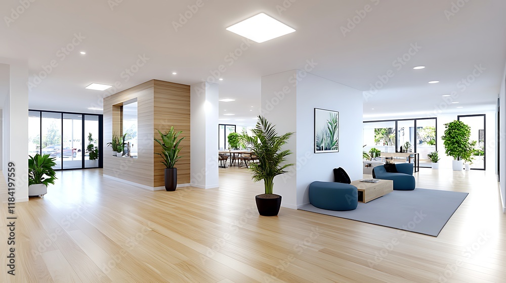 Obraz premium Modern Office Lobby Interior Design Hardwood Floor Plants Lounge Area