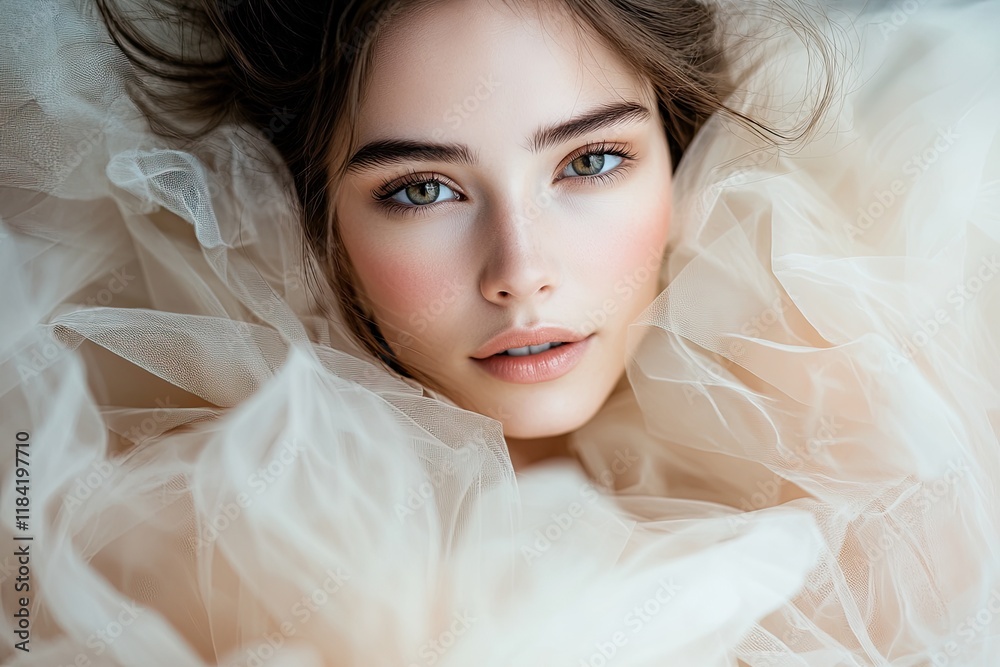 Soft, ethereal portrait featuring serene face surrounded by deli