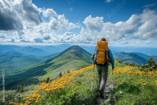 Solo Hiker Backpacker Mountaintop Scenic View photo