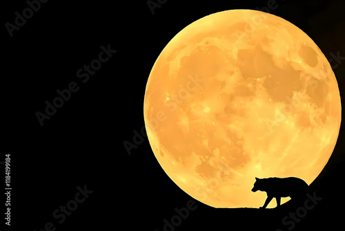 Wolf silhouette against giant harvest moon; night sky background; perfect for Halloween or autumn themes photo