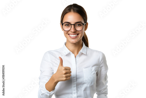 Smiling woman giving thumbs up, wearing glasses and white shirt, isolated on transparent background