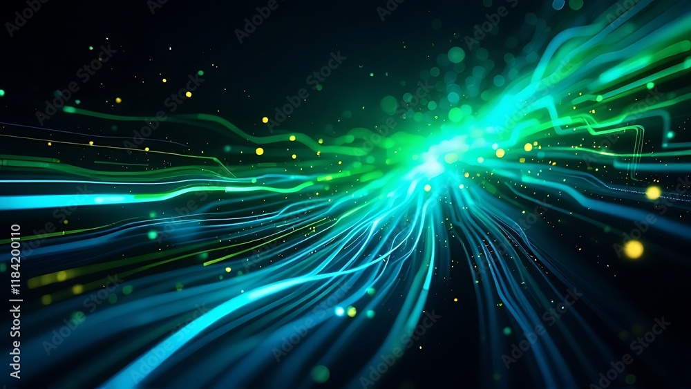 Naklejka premium Green Neon Fiber Optic Abstract: Speed and Technology Lines Texture Background