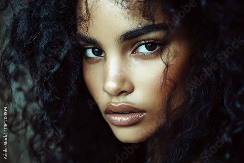 Commercial digital ads idea pattern idea. Long hairdo - curly hair. Lovely calm mixed-race girl - for ads, brochure and social networks use. African american hair inspiration. Colored hair art.