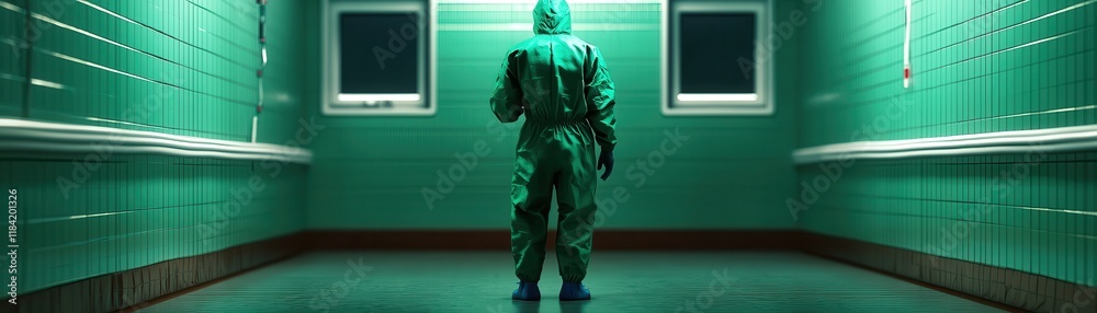 A figure in a green protective suit stands alone in a sterile, dimly-lit hallway, surrounded by green walls and windows. A figure in a green protective suit stands alone in a sterile, dimly-lit hallway, surrounded by green walls and windows.