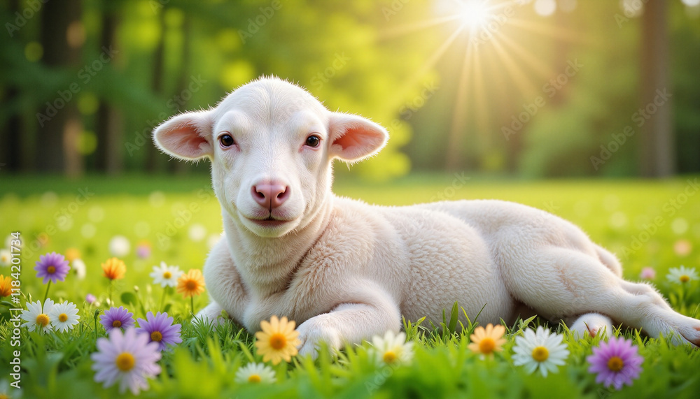 Fototapeta premium Lamb resting peacefully on flower-filled green meadow