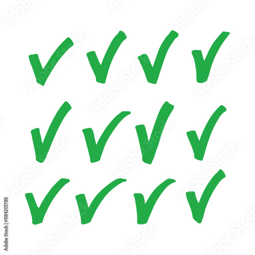 Marker green checkmark set. Hand drawn consent symbol.