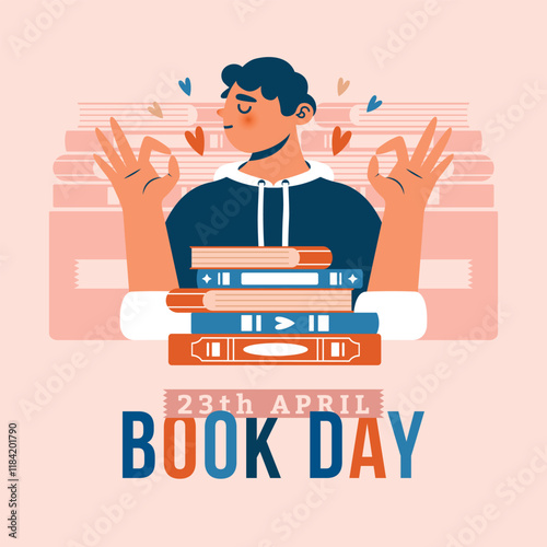Square banner template to World Book Day. Young man show ok sign of hands among stacks of books. Cute vector illustration with text. Kawaii teenage boy, who loves literature standing in library.