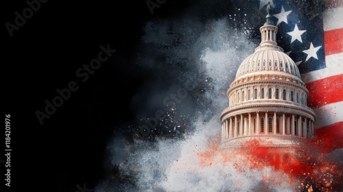 Capitol dome engulfed in red, white, and blue chaos.