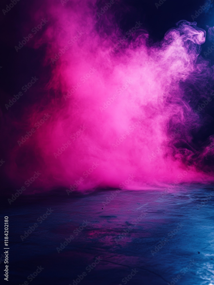Naklejka premium A dark background sets the stage for an atmospheric stock photo, featuring an empty floor shrouded in deep magenta and neon pink smoke, offering a bold, contemporary edge.
