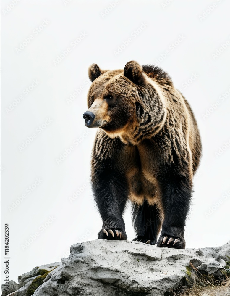 Obraz premium a large shaggy brown bear on a rocky ledge on a white background