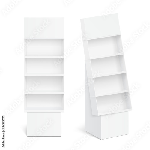 Four shelf side display with base mockup for sale point. Vector illustration on a white background. Can be use for template your design, promotion, advertising. EPS10.	