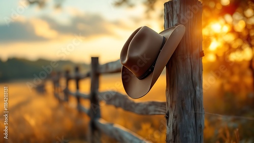 A Symbolic Embrace of the Frontier: A cowboy hat and lasso adorn a wooden fence, embodying the timeless essence of ranch life and the rugged spirit of the Wild West. photo