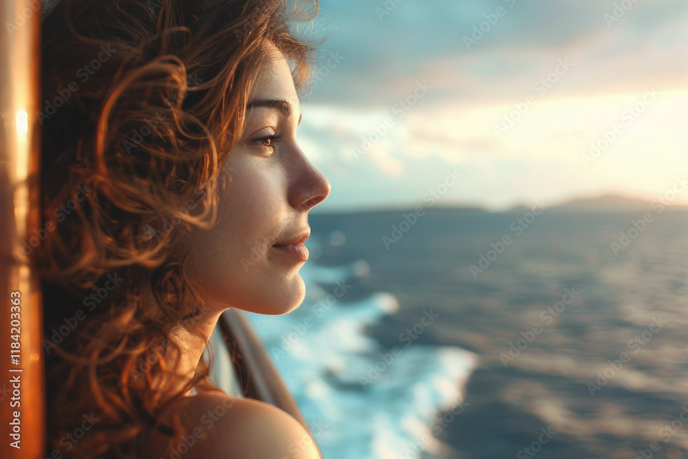 Designed with generative ai technology photo of beautiful lady on cruise voyage Designed with generative ai technology photo of beautiful lady on cruise voyage