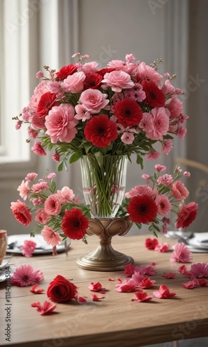 A beautiful arrangement of pink and red flowers on a table with a heart-shaped centerpiece, romantic, bouquet, colorful