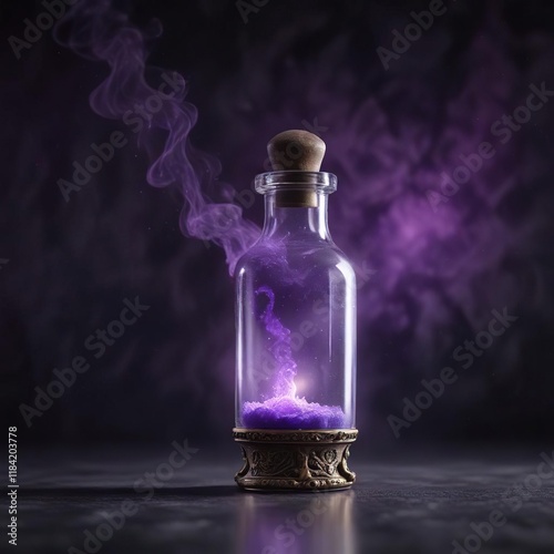 Ancient mystic vial emitting ethereal purple mist against a dark velvet backdrop illuminated softly by a faint luminescent glow, hazy mist , mystical bottle, ancient artifact