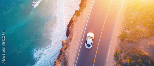Driving along the coastal highway at sunset aerial view scenic road trip adventure