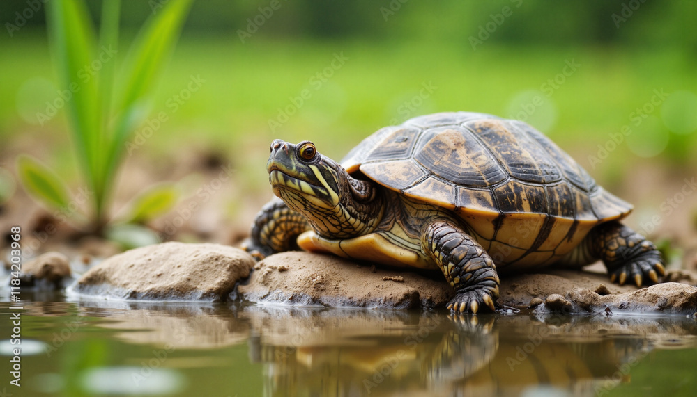 Serene turtle basking on rock by peaceful pond, nature tranquility Serene turtle basking on rock by peaceful pond, nature tranquility