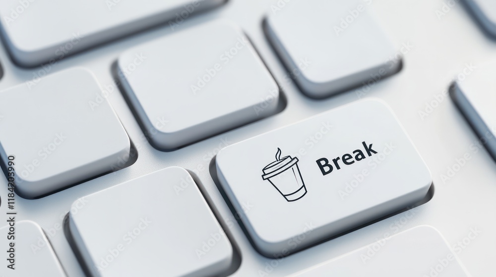 White keyboard button with Break text and coffee cup icon symbolizing coffee breaks, coffee lovers, coffee meetups, coffee groups White keyboard button with Break text and coffee cup icon symbolizing coffee breaks, coffee lovers, coffee meetups, coffee groups