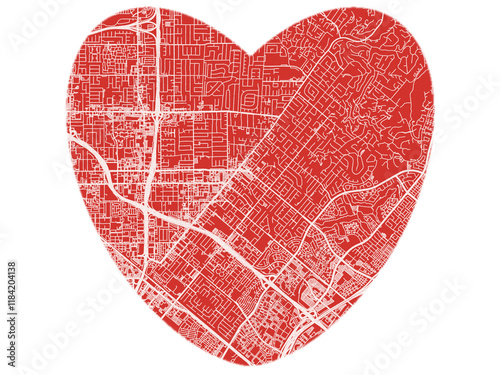 Heart-Shaped Map of Tustin  California, USA in Bold Red and White Design. photo