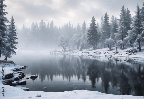 Frozen lake with snow-covered trees and misty air, winter landscape, cold weather, alpine landscape