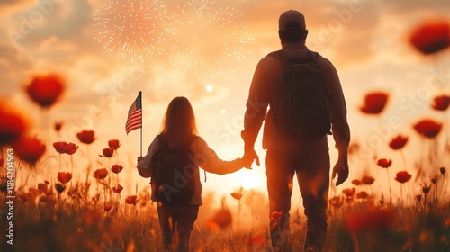 Sunset, fireworks, father, daughter, flag: A patriotic scene.