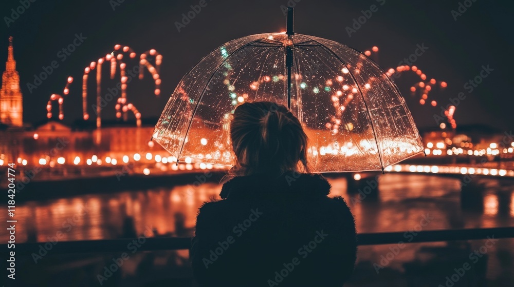 Obraz premium Woman with Umbrella Enjoying Fireworks Display Over City River