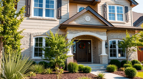 Fototapeta Naklejka Na Ścianę i Meble -  Two-Story Brick House with Landscaping
