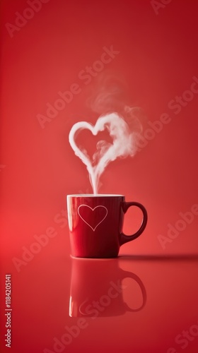 A red coffee mug with steam rising in a heart shaped smoke on a solid background, Coffee lovers, Coffee meetups, Coffee groups