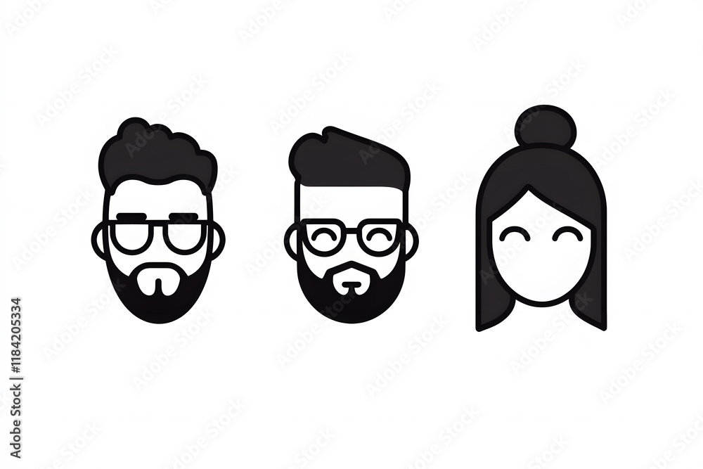 Icons for profile pictures bundle, different male and female characters user avatars in cartoon black vector line art on white background Icons for profile pictures bundle, different male and female characters user avatars in cartoon black vector line art on white background