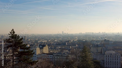 Panoramic view from Sacré Coeur at Montmartre over Paris skyline in evening light