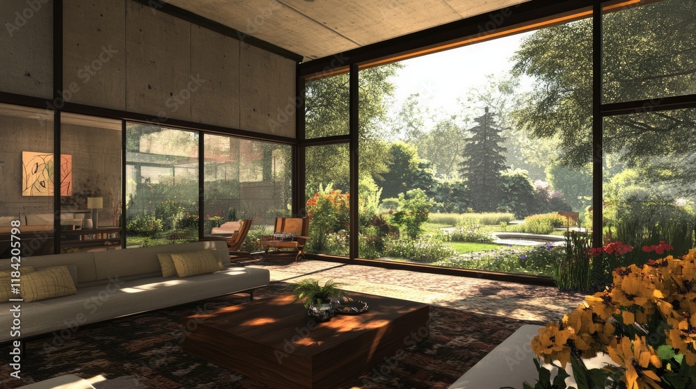 A three-dimensional rendering of a modern living area with a garden outlook.There are large windows that overlook the surrounding environment and garden. A three-dimensional rendering of a modern living area with a garden outlook.There are large windows that overlook the surrounding environment and garden.