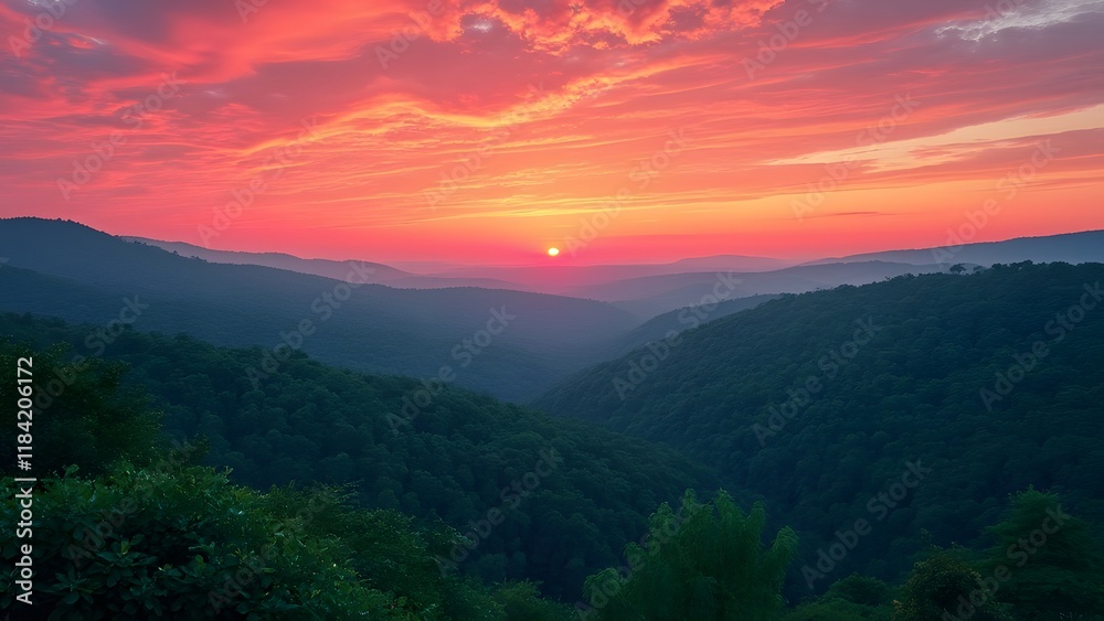 Fototapeta premium Fiery Pink Sunset over Lush Green Forest Mountains, Breathtaking Landscape Photography