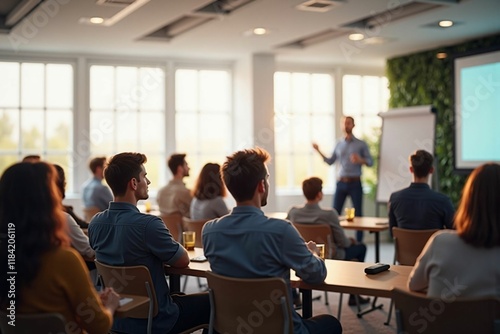 Professional Business Conference with Engaged Audience in a Modern Meeting Room during Presentation