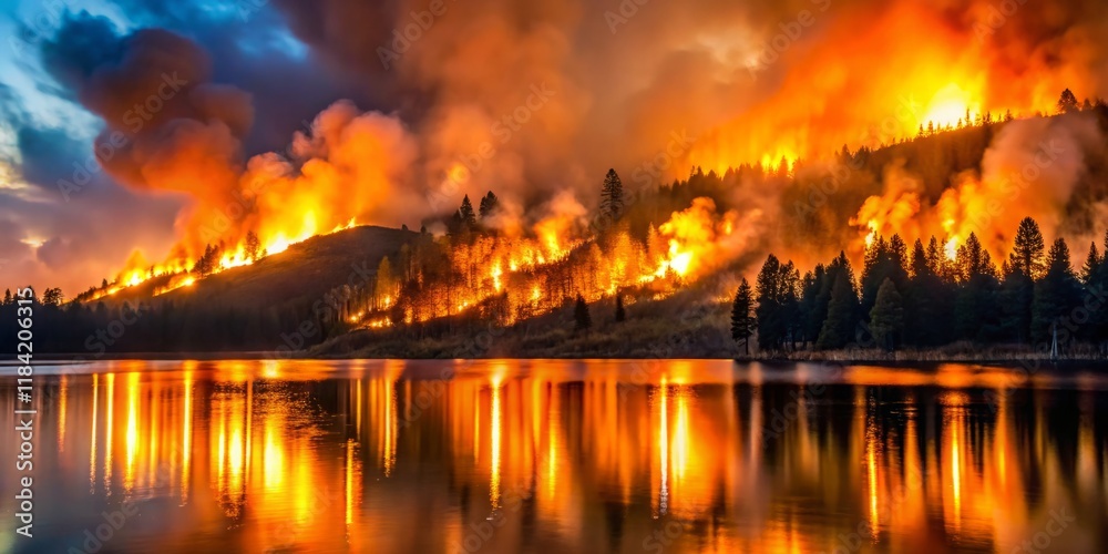 Majestic Flames Reflected on Quiet Lake at Dusk Majestic Flames Reflected on Quiet Lake at Dusk