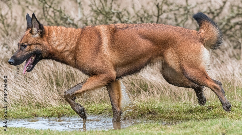 Energetic Dog Running Through Water in Nature Setting Energetic Dog Running Through Water in Nature Setting
