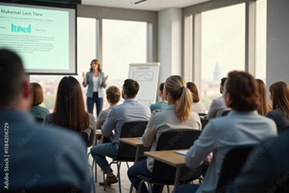 Professional Business Conference with Engaged Audience in a Modern Meeting Room during Presentation Professional Business Conference with Engaged Audience in a Modern Meeting Room during Presentation