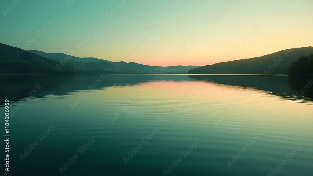Fototapeta premium Serene Sunset Lake Reflection, Minimalist Green Hills Landscape Photography