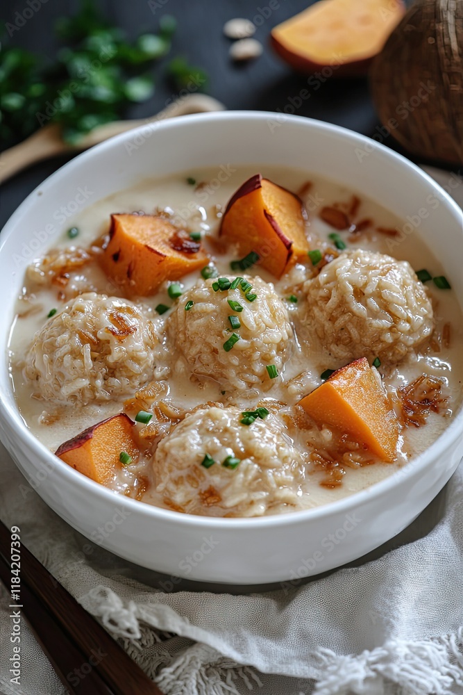 Creamy bowl of rice balls with pumpkin, garnished with herbs, in Creamy bowl of rice balls with pumpkin, garnished with herbs, in