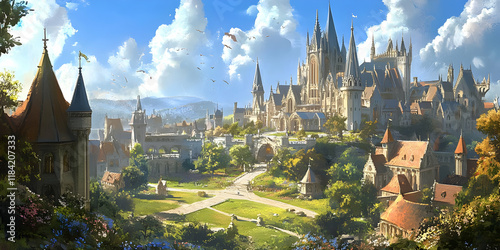 A vibrant fantasy landscape featuring a grand castle, lush greenery, and serene skies. photo