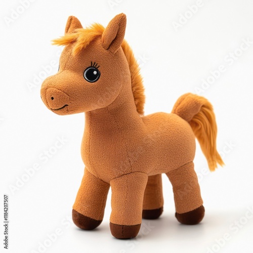 Cute brown horse plush toy isolated on white background.