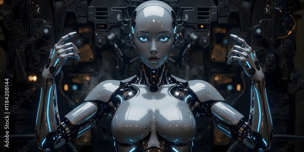 Fototapeta premium A futuristic female robot, sleek and metallic, poses with glowing blue accents against a dark industrial backdrop. Stunning AI art.