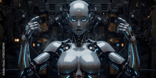 A futuristic female robot, sleek and metallic, poses with glowing blue accents against a dark industrial backdrop.  Stunning AI art.