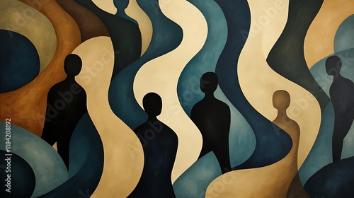 Abstract representation of human figures navigating a complex maze, depicting emotions of confusion and entrapment in a visually striking composition.
