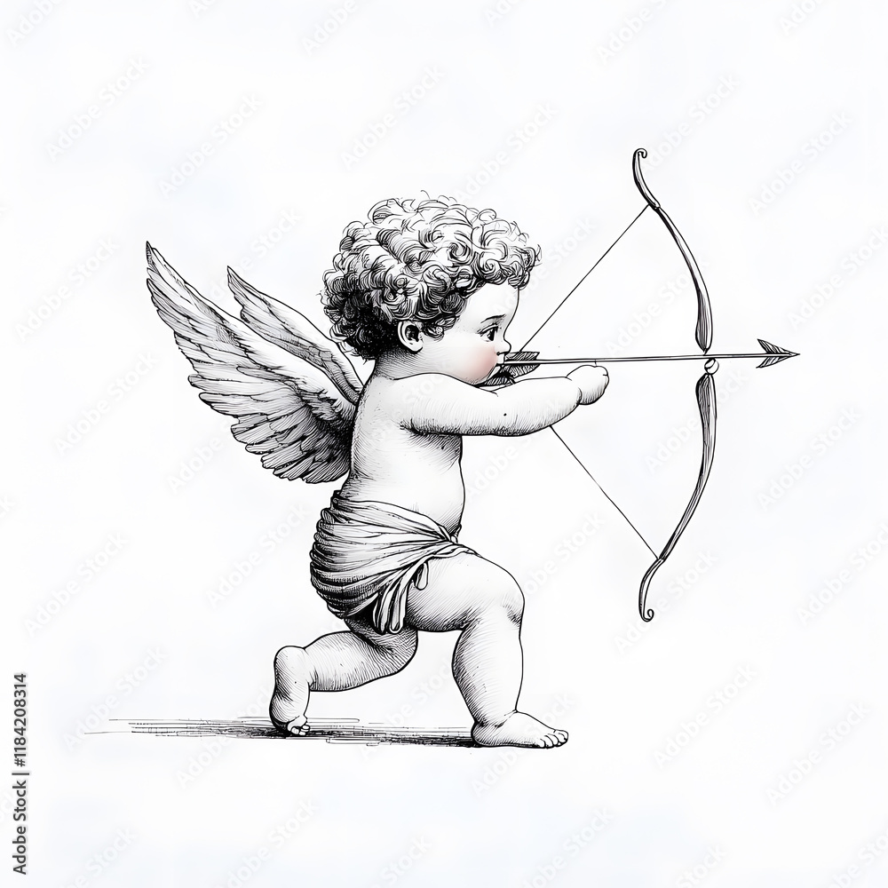 Fototapeta premium Vintage illustration of a cupid with bow shooting isolated on white background