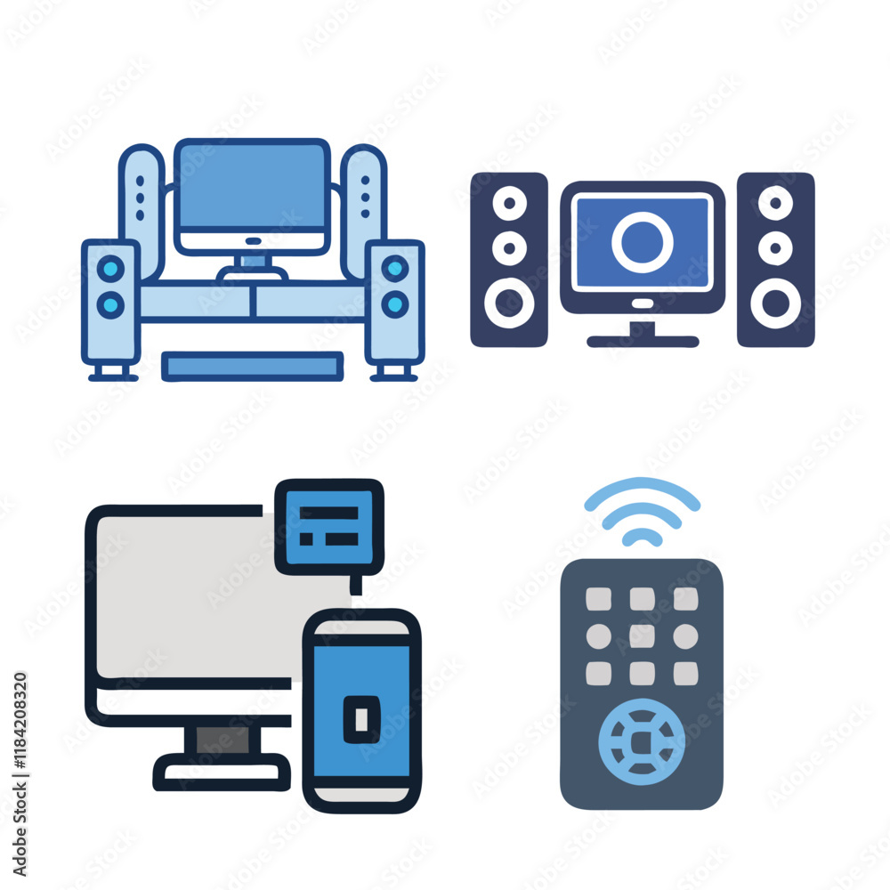 Computer Speaker, PC, Home Theater, pen drive, hard disk, laptop, pc monitor, Remote Control, cooling fan Vector Icon Illustration, Modern Electronics Design.
Computer Speaker, PC, Home Theater, pen drive, hard disk, laptop, pc monitor, Remote Control, cooling fan Vector Icon Illustration, Modern Electronics Design.