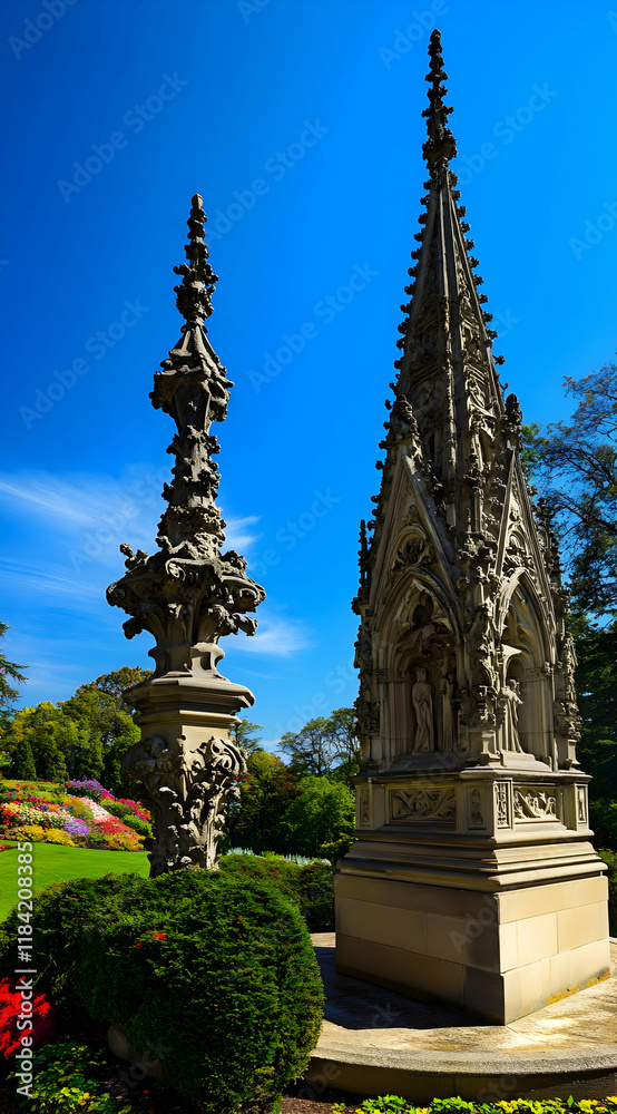 Ornate stone structures in a vibrant garden under a clear blue sky. Ornate stone structures in a vibrant garden under a clear blue sky.