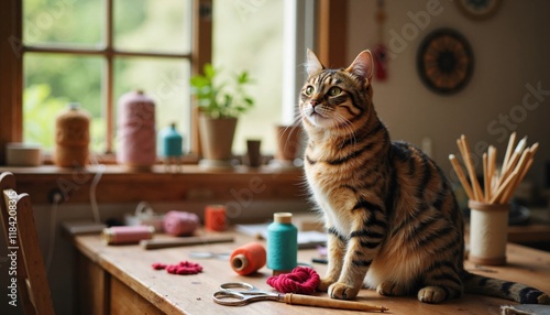 Tabby cat sitting on craft table surrounded by colorful threads
